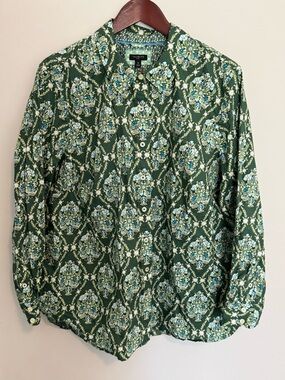Talbots Women's Long Sleeve 2X Button Up Shirt Cotton Green Floral Business Wear